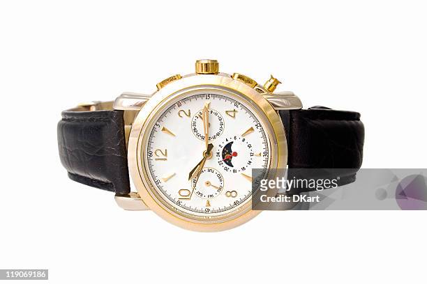 gold mann uhr mit kalender auf ein ledergürtel - wrist watch stock-fotos und bilder