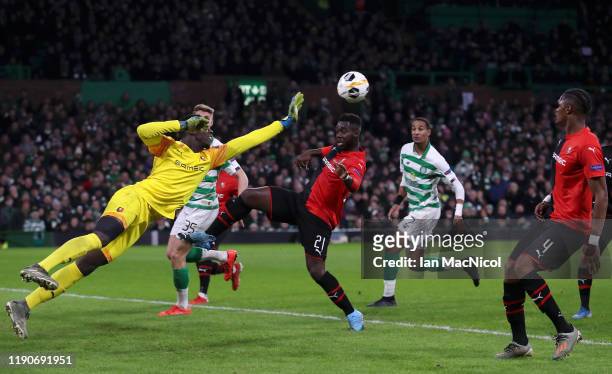 Edouard Mendy of Stade Rennais FC makes a save during the UEFA Europa League group E match between Celtic FC and Stade Rennes at Celtic Park on...