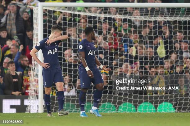 Dejected Juan Foyth of Tottenham Hotspur after Mario Vrancic of Norwich City scored a goal to make it 1-0 during the Premier League match between...