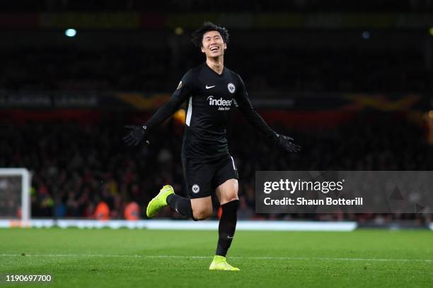 Daichi Kamada of Eintracht Frankfurt celebrates after scoring his team's second goal during the UEFA Europa League group F match between Arsenal FC...