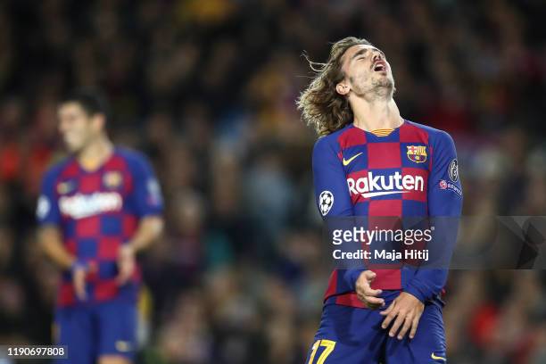Antoine Griezmann of FC Barcelona reacts during the UEFA Champions League group F match between FC Barcelona and Borussia Dortmund at Camp Nou on...
