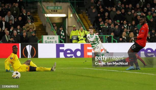 Michael Johnstone of Celtic scores his sides third goal during the UEFA Europa League group E match between Celtic FC and Stade Rennes at Celtic Park...