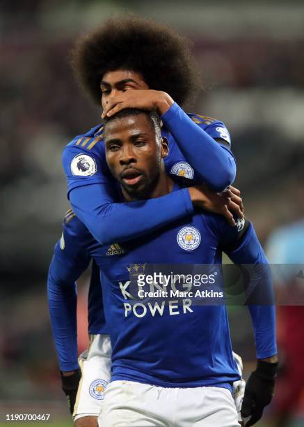 Kelechi Iheanacho of Leicester City celebrates scoring the opening goal with Hamza Choudhury during the Premier League match between West Ham United...
