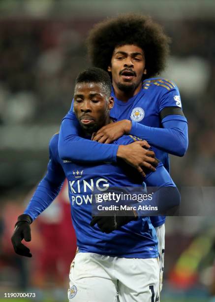 Kelechi Iheanacho of Leicester City celebrates scoring the opening goal with Hamza Choudhury during the Premier League match between West Ham United...