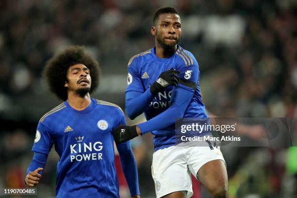 Kelechi Iheanacho of Leicester City celebrates scoring the opening goal with Hamza Choudhury during the Premier League match between West Ham United...