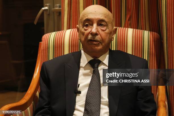 The speaker of Libya's parliament, Aguila Saleh Issa, speaks during an interview with AFP in the Cypriot capital Nicosia on December 28, 2019. - The...