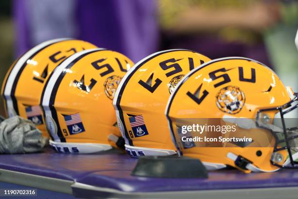 Helmets on the bench prior to the Peach Bowl game between the LSU Tigers and the Oklahoma Sooners on December 28, 2019 at the Mercedes-Benz Stadium...