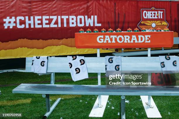The Cheez-It bowl logo behind the Gatorade logo on the sideline before the Cheez-It Bowl college football game between the Air Force Falcons and the...