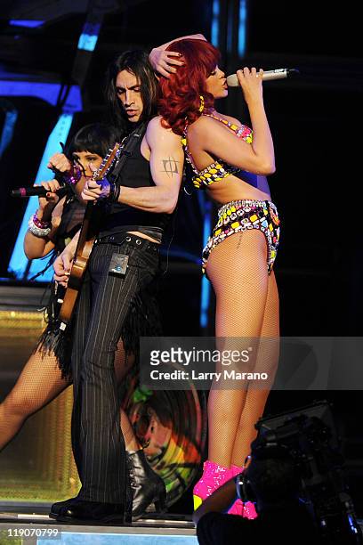 Nuno Bettencourt and Rihanna perform at BankAtlantic Center on July 14, 2011 in Sunrise, Florida.