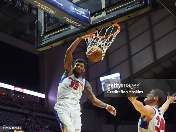 Todd Withers of the Grand Rapids Drive jams on the Fort Wayne Mad Ants on December 28, 2019 at Memorial Coliseum in Fort Wayne, Indiana. NOTE TO...