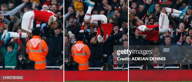 Combination of pictures shows Arsenal's Gabonese striker Pierre-Emerick Aubameyang doing a somersault as he celebrates scoring the opening goal...