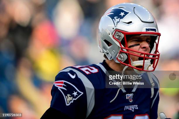 Tom Brady of the New England Patriots reacts before a game against the Miami Dolphins at Gillette Stadium on December 29, 2019 in Foxborough,...