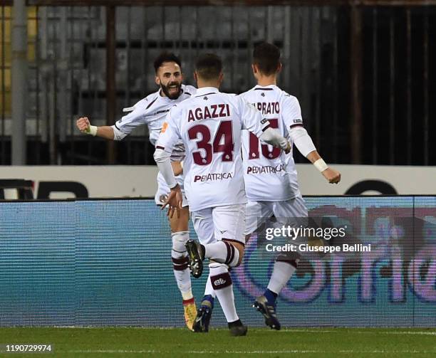 Manuel Marras of AS Livorno celebrates after scoring the opening goal during the Serie B match between Empoli FC and AS Livorno at Stadio Carlo...