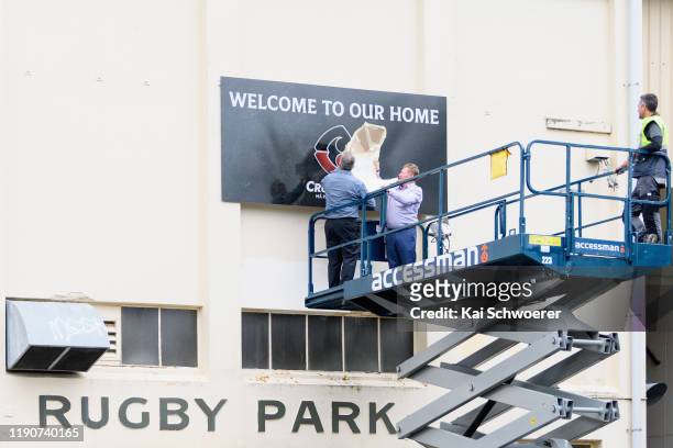 In this posed shot, Crusaders Chief Executive Officer Colin Mansbridge and Crusaders Chairman Grant Jarrold unveil the new Crusaders logo following a...