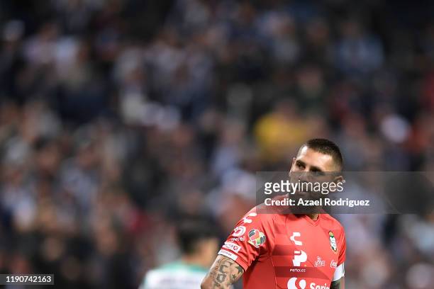 Jonathan Orozco, #1 of Santos, reacts during the quarterfinals first leg match between Monterrey and Santos Laguna as part of the Torneo Apertura...