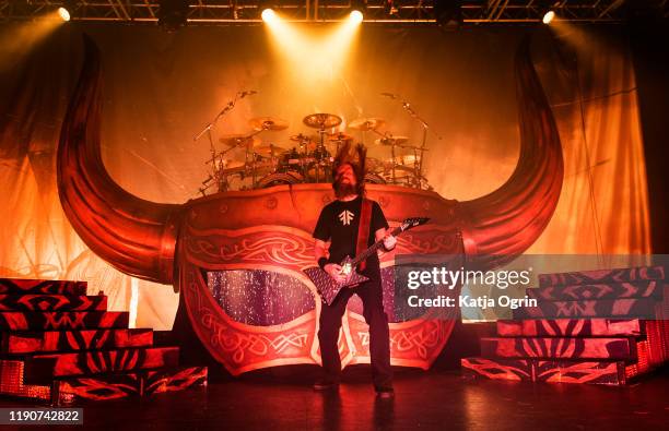 Ted Lundström of Amon Amarth performs at O2 Academy Birmingham on November 28, 2019 in Birmingham, England.