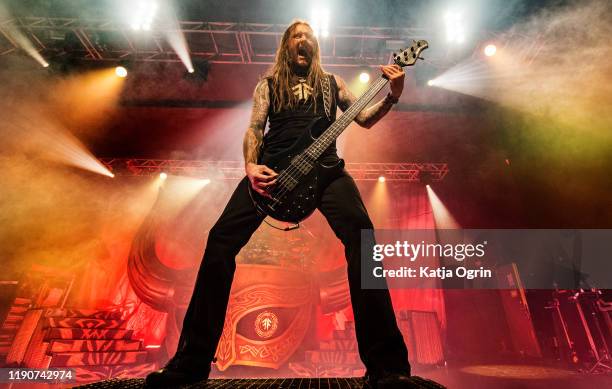 Ted Lundström of Amon Amarth performs at O2 Academy Birmingham on November 28, 2019 in Birmingham, England.