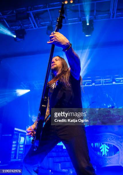 Ted Lundström of Amon Amarth performs at O2 Academy Birmingham on November 28, 2019 in Birmingham, England.