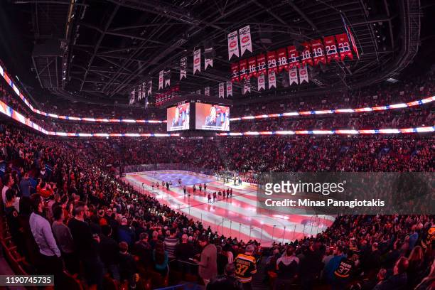 General view during the pre-game ceremony between the Montreal Canadiens and the Boston Bruins at the Bell Centre on November 26, 2019 in Montreal,...