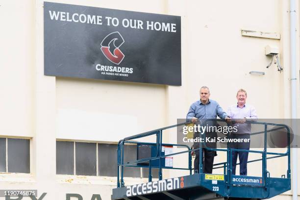 Crusaders Chief Executive Officer Colin Mansbridge and Crusaders Chairman Grant Jarrold pose in front of the new Crusaders logo following a Crusaders...