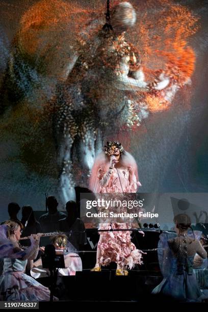 Bjork performs onstage during her "Cornucopia" tour at 3Arena on November 28, 2019 in Dublin, Ireland.