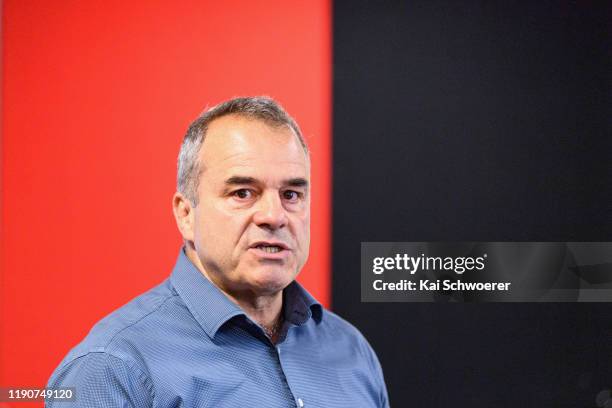 Crusaders Chief Executive Officer Colin Mansbridge speaks to the media during a Crusaders Super Rugby Media Announcement at Rugby Park on November...