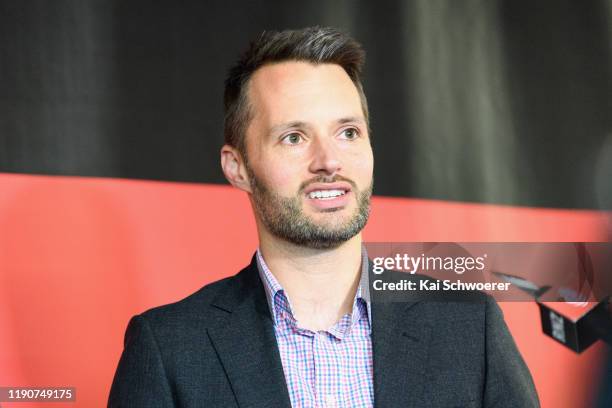 Head of Professional Rugby Chris Lendrum speaks to the media during a Crusaders Super Rugby Media Announcement at Rugby Park on November 29, 2019 in...