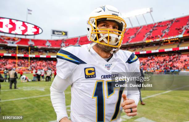 Philip Rivers of the Los Angeles Chargers ran off the field following the 31-21 loss to the Kansas City Chiefs at Arrowhead Stadium on December 29,...