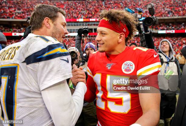 Philip Rivers of the Los Angeles Chargers congratulates Patrick Mahomes of the Kansas City Chiefs following the Chiefs 31-21 win at Arrowhead Stadium...