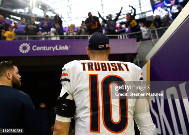 Mitchell Trubisky of the Chicago Bears exits the field after the game against the Minnesota Vikings at U.S. Bank Stadium on December 29, 2019 in...