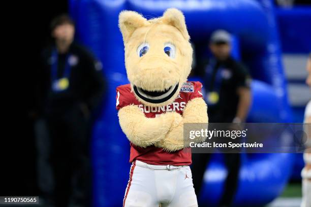 The Sooners mascot watches from the sidelines during the Peach Bowl game between the LSU Tigers and the Oklahoma Sooners on December 28, 2019 at the...