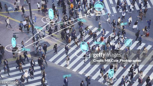 people and technology concept,crowded people walking and global communication icon with network connections line.internet of things and smart city concept,technology-futuristic concept - informationsmedium stock-fotos und bilder