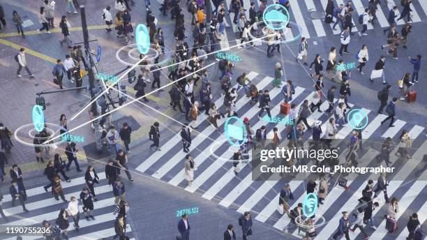 people and technology concept,crowded people walking and global communication icon with network connections line.internet of things and smart city concept,technology-futuristic concept - smart city stock pictures, royalty-free photos & images