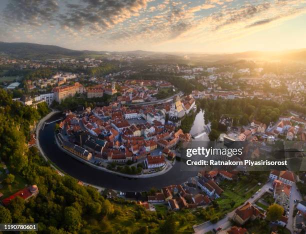 aerial drone panorama view sunrise scene old town of cesky krumlov, south bohemia, czech republic - czech culture stock pictures, royalty-free photos & images