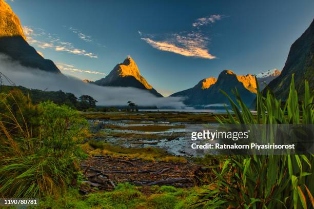 sunset scene of famous mitre peak rising from the milford sound fiord. fiordland national park, new zealand - fiordland national park stock pictures, royalty-free photos & images
