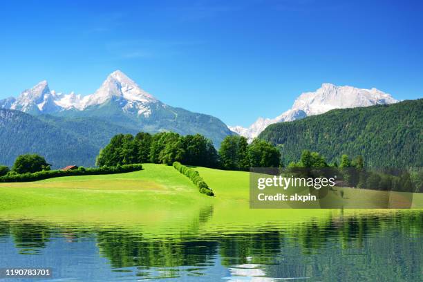 alpin landscape in bavaria - snow on grass stock pictures, royalty-free photos & images