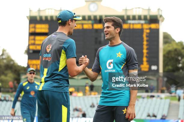Mitchell Starc of Australia and Shaheen Shah Afridi of Pakistan speak before play on day one of the 2nd Domain Test between Australia and Pakistan at...