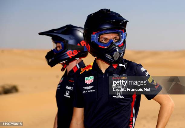 Max Verstappen of Netherlands and Red Bull Racing and Alexander Albon of Thailand and Red Bull Racing take part in the Red Bull Desert Racing at...