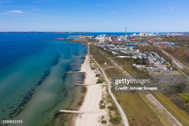 aerial view of sandy beach - helsingborg if stock pictures, royalty-free photos & images