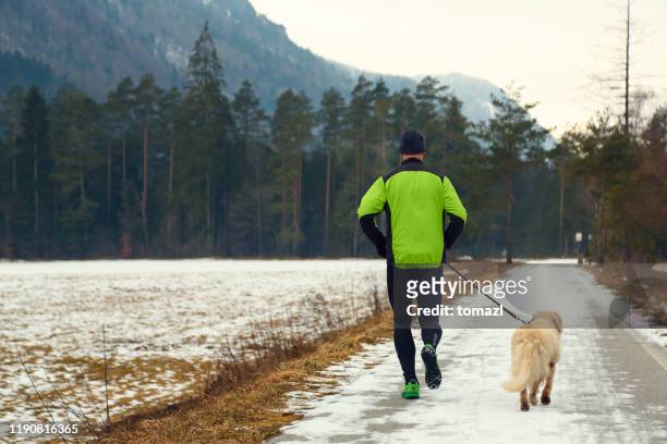 man running with his dog in winter - chill by will 2018 imagens e fotografias de stock