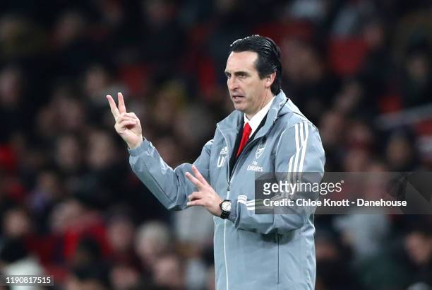 Arsenal manager Unai Emery gestures during the UEFA Europa League group F match between Arsenal FC and Eintracht Frankfurt at Emirates Stadium on...