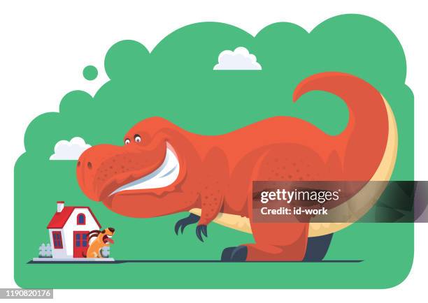 dinosaur meeting barking dog - bark stock illustrations