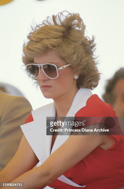 Diana, Princess of Wales in the river port of Goolwa, South Australia, January 1988. She is wearing a red dress designed by Alistair Blair.