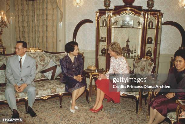 Diana, Princess of Wales meets King Bhumibol Adulyadej and Queen Sirikit of Thailand at Chitralada Royal Villa, part of the Dusit Palace in Bangkok,...