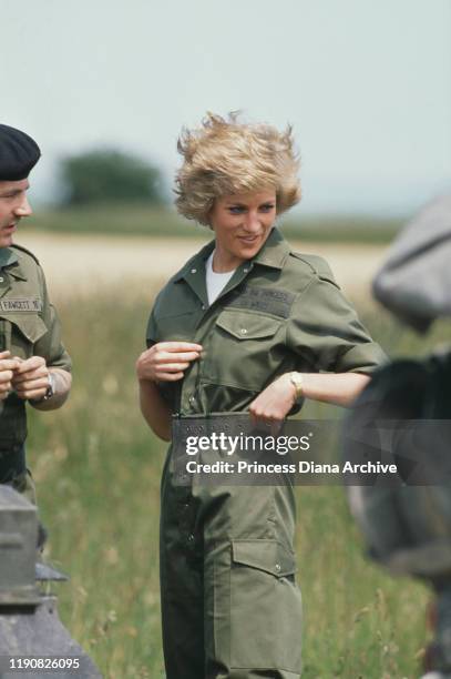 Diana, Princess of Wales visits the Royal Hampshire Regiment during manoeuvres at Tidworth in Wiltshire, England, 23rd June 1988.