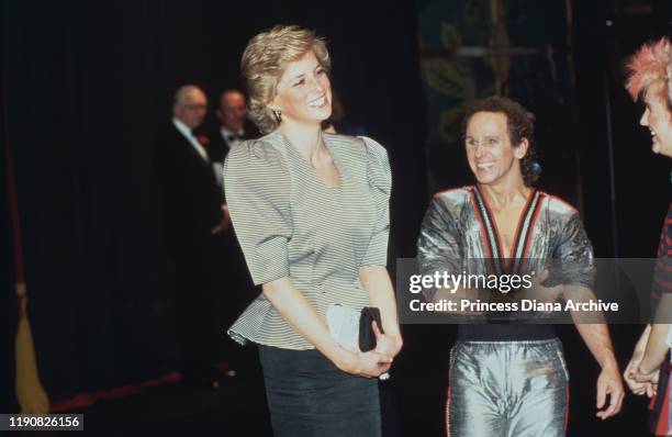 Diana, Princess of Wales with dancer Wayne Sleep after a performance of 'Song and Dance' at the Bristol Hippodrome, Bristol, England, April 1988.