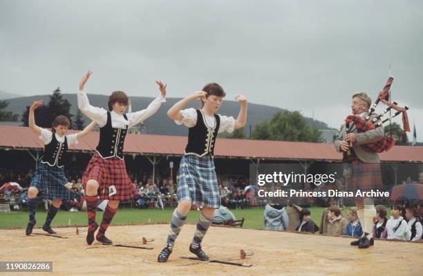 Scottish sword dancing at the Braemar Games, an annual Highland Games Gathering at Braemar in Scotland, September 1987.