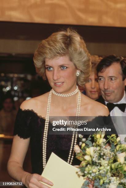 Diana, Princess of Wales attends a performance of Oscar Wilde's play 'The Importance of Being Earnest' at the Whitehall Theatre in London, 9th...