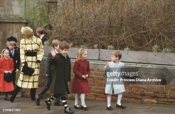 Diana, Princess of Wales leaving St George's Chapel in Windsor with Lady Rose Windsor, Lord Frederick Windsor, Peter and Zara Phillips and Prince...