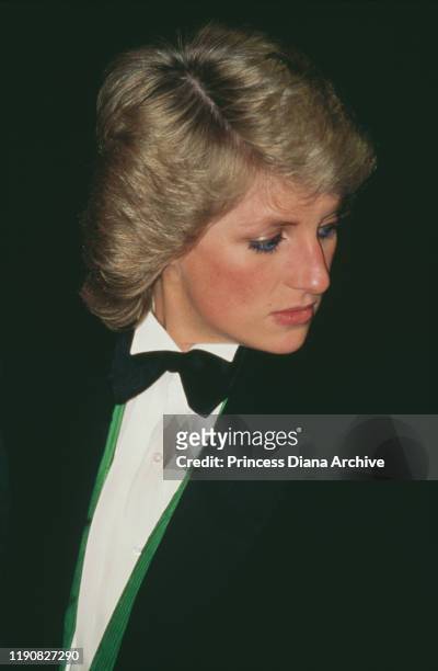 Diana, Princess of Wales attends a charity greyhound racing event at Wembley Stadium in London, UK, 20th April 1988. She is wearing a green Hackett...